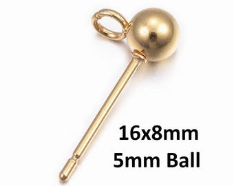 10 pcs. (5 pairs) 304 Stainless Steel Earring Ball Posts Settings with Loop - 16mm x 8mm -  24K Gold Plated - 5mm Ball Diameter