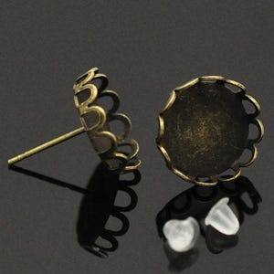 50 pcs. Antique Bronze Earring Posts Settings Bezels Cabochons Tacks- 12mm Glue Pad Setting - Crown Design