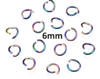 100 pcs 304 Stainless Steel Open Jump Rings 6mm - 20 Gauge (0.8mm Thick) - High Quality - Rainbow Plated