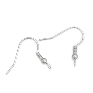100 pcs 304 Stainless Steel Silver Tone Earring Hooks with Spring and Ball - 22mm x 20mm - Hole Size: 2mm - Perpendicular Loop