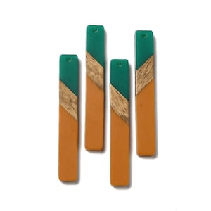 4 pc Opaque Orange and Green Stripe Resin and Wood Rectangle Flat Pendant - 52mm x 8mm - (2.05" x 0.32") - Great for Earrings and Necklaces!