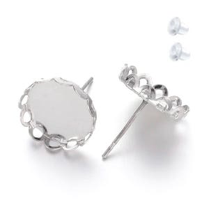 10 pcs. (5 pairs) Silver Tone Earring Posts Settings Bezels Cabochons Tacks Studs - 12mm Glue Pad Setting - Crown Design