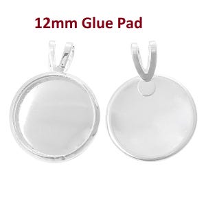 10 pcs. Silver Plated Circle Round Bezel Cabochon Pendant Tags Trays - 12mm Glue Pad - 19x14mm - Double Loop