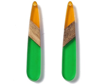 4 pcs. Clear Green and Orange Stripe Resin and Wood Teardrop Flat Pendant - 44mm x 8mm - (1.73" x 0.32") - Great for Earrings and Necklaces!
