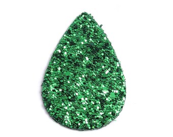10 pcs. Green Glitter Faux Leather Dangle Charms Pendants - Teardrop - 56mm (2.2") - Great for Light Earrings - Double-Sided - Large Glitter