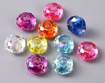 10 pcs Assortment of Acrylic Clear AB Multicolor Rondelle Faceted Spacer Beads – 14mm – Large Hole: 4.5mm - Fits European Cords and Paracord