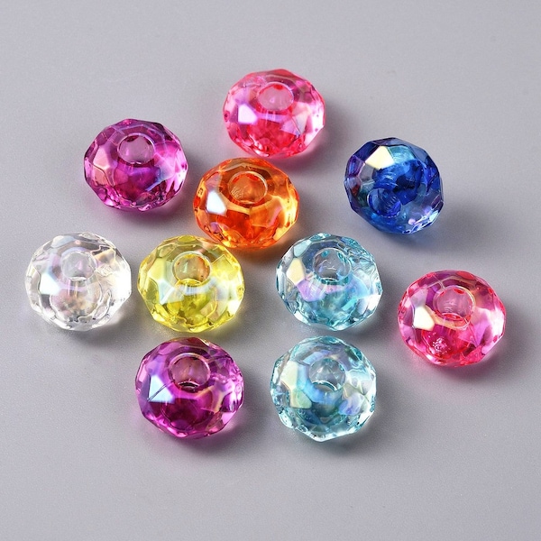 10 pcs Assortment of Acrylic Clear AB Multicolor Rondelle Faceted Spacer Beads – 14mm – Large Hole: 4.5mm - Fits European Cords and Paracord