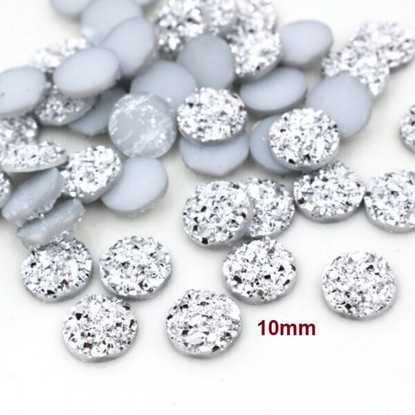 10 pcs Druzy Resin Embellishment Cabochons Silver - 10mm - Dome Circle