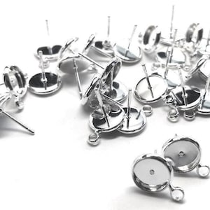 10 pcs. Silver Plated Earring Posts Studs Settings Bezels Cabochons Tacks with Loop - 8mm Glue Pad Setting