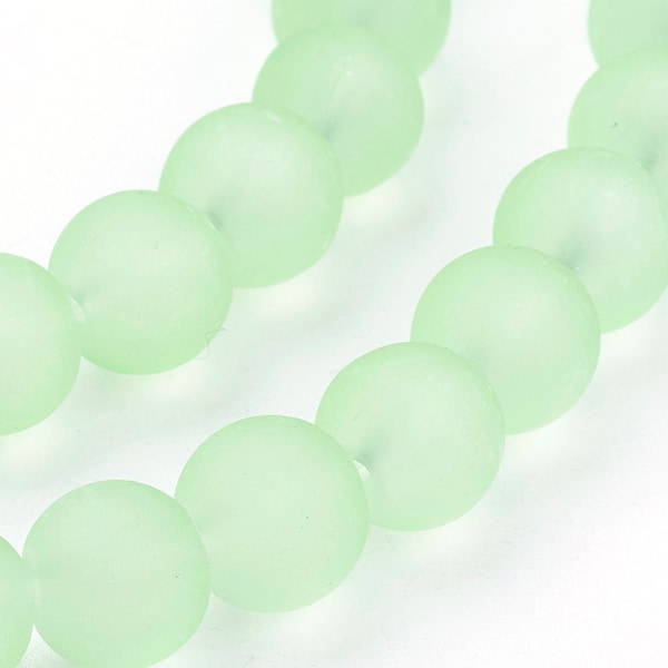 8mm Light Green Frosted Glass Round Beads - 15" strand (40cm) - Approx 52 beads per strand - Hole Size: 1.3mm