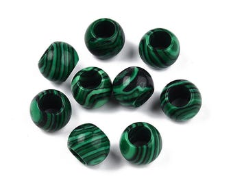 10 pcs Green Synthetic Malachite Rondelle Ball Spacer Beads - 10mm - Large Hole: 5mm - Fits European Cords and Paracord!