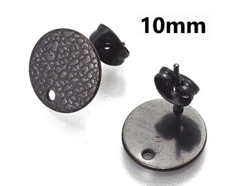 10 pcs. (5 pairs) 304 Stainless Steel Gunmetal Black Earring Posts/Bases/Studs/Settings - 10mm Diameter - Hole Size: 1.8mm - TEXTURED