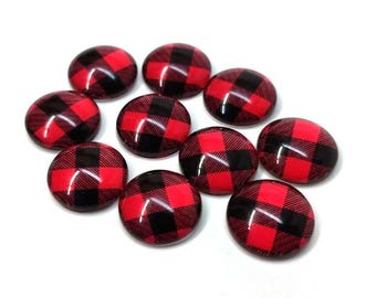 10 pcs Buffalo Check - Red and Black - Circle Glass Round Dome Seals Tiles Cabochons - 12mm