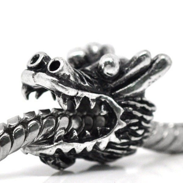 10 pcs Antique Silver Dragon Head European Spacer Charm Beads - 13mm x 11mm - Hole Size: 5mm - Fits European Cords and Paracord!