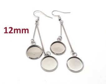 4 pcs. 304 Stainless Steel Silver Tone Earring Dangle Hooks Settings Bezels Cabochons - 12mm Glue Pad Settings - Double Bar