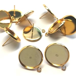 10個入り ゴールドメッキ イヤリングポスト スタッド セッティング ベゼル カボション タック ループ付き - 16mm グルーパッドセッティング - パラレルループ