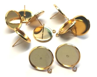 10 pcs. Gold Plated Earring Posts Studs Settings Bezels Cabochons Tacks with Loop - 16mm Glue Pad Setting - Parallel Loop