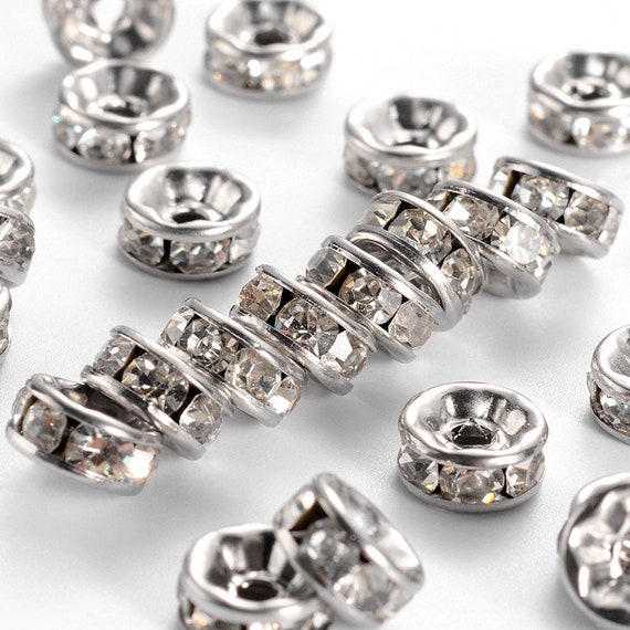 20 Pcs. 316 Stainless Steel Clear Rhinestone Rondelle Spacer Beads Silver  Tone 8mm X 4mm Hole Size: 2mm Straight Edges 