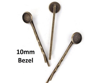 10 pcs. - Antique Bronze Hair Bobby Pins Cabochons Bezels  - 10mm Glue Pad