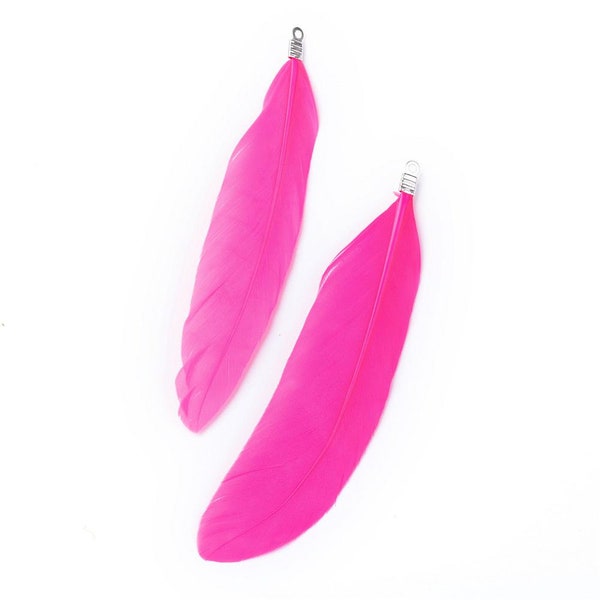 10 pcs Hot Pink Dangle Charms Pendants - Feather - Silver Tone Crimps - 75mm (2.95")  - Great for Light Earrings or Dangles!