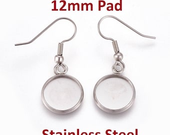 10 pcs. 304 Stainless Steel Silver Tone Earring Dangle Hooks Settings Bezels Cabochons - 12mm Glue Pad Setting