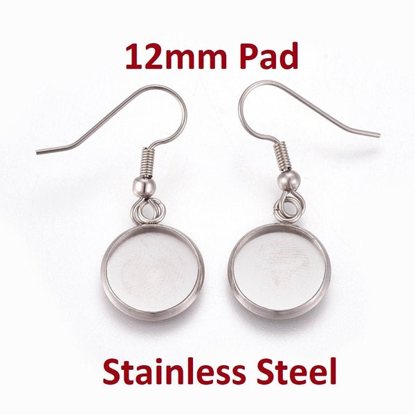 10 pcs. 304 Stainless Steel Silver Tone Earring Dangle Hooks Settings Bezels Cabochons - 12mm Glue Pad Setting