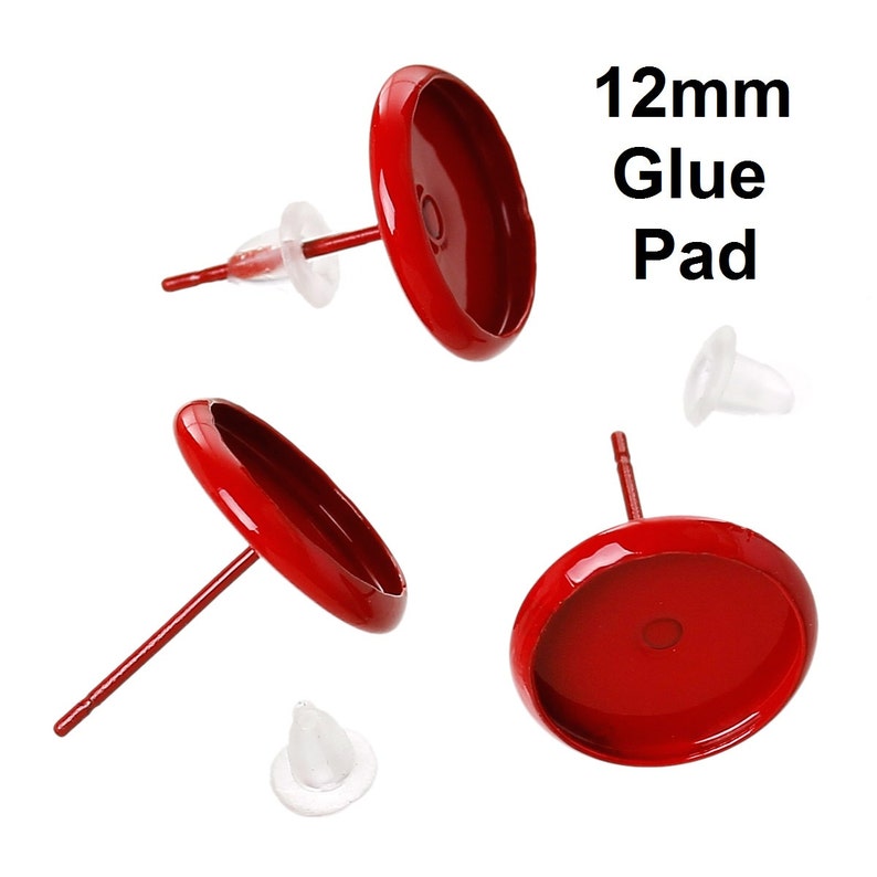 12mm Glue Pad Setting Red Earring Posts Studs Settings Bezels Cabochons Tacks 10 pcs