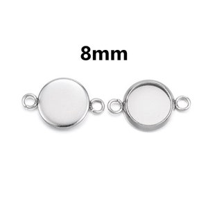 10 pcs. 304 Stainless Steel Silver Tone Circle Round Bezel Cabochon Cameo Connector Tags Trays - 8mm Glue Pad - Tarnish Resistant