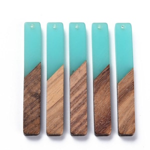 4 pcs. Teal Resin and Wood Rectangle Flat Pendant - 52mm x 8mm - (2.05&quot; x 0.32&quot;) - Great for Earrings and Necklaces!