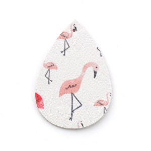 May include: White leather teardrop-shaped earring with a pink flamingo pattern.