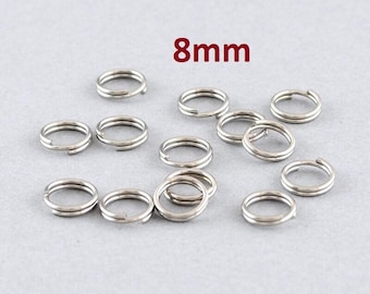 100 anillas dobles - Anillas de salto divididas de acero inoxidable 304 en tono plateado - 8 mm - ¡Resistentes al deslustre! Grosor: 1,4 mm