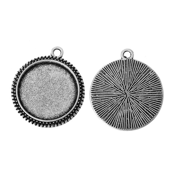 10 pcs. Antique Silver Circle Round Bezel Cabochon Pendant Tags Trays - 16mm Glue Pad Settings - Design B