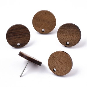 10 pcs. 304 Stainless Steel Earring Posts Studs Settings Cabochons Tacks - 15mm Diameter - Wood - Brown - Thin Frame