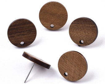 10 pcs. 304 Stainless Steel Earring Posts Studs Settings Cabochons Tacks - 15mm Diameter - Wood - Brown - Thin Frame