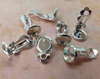 10 pcs. Silver Plated Earring Clips Settings Hinged Bezels Cabochons - 8mm Glue Pad Setting