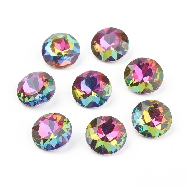 10 pcs Glass Vitrail Iridescent Multicolor Faceted Rhinestone Cabochons - Plated Pointed Back - Grade A - 8mm