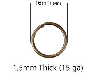 100 anillas abiertas de bronce antiguo - 16 mm - calibre 15 (1,5 mm de grosor)