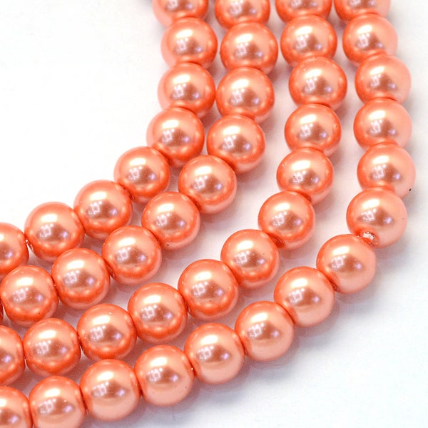 6mm Coral Melon Glass Pearl Imitation Round Beads - 32 inch strand - Approx. 140 pieces per strand