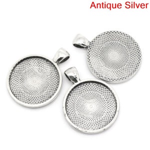 10 Antique Silver Tone Pendant Trays Circle Posts Settings Bezels Cabochons - (1") 25mm Glue Pad Setting (1 inch)