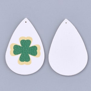 10 pcs. Green and White Faux Leather Dangle Charms Pendants - Teardrop - St. Patrick&#39;s Day - 56mm (2.2&quot;) - Double-Sided - Style C - Clover