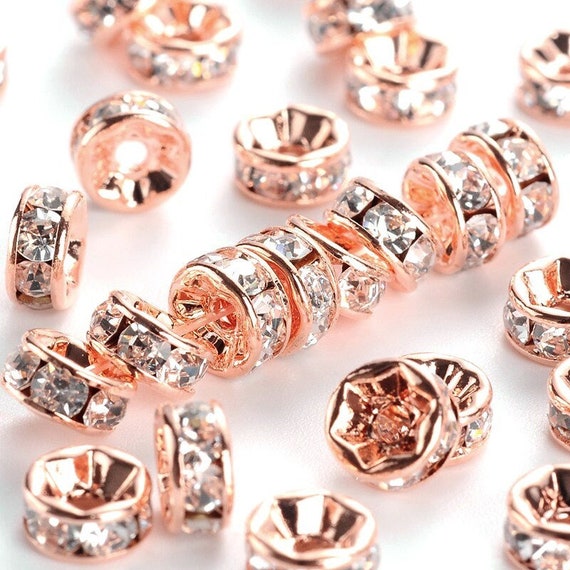 20 pcs Rose Gold Clear Rhinestone Rondelle Spacer Beads - 6mm x 3mm - Grade AAA - Hole Size: 1mm - Straight Edge