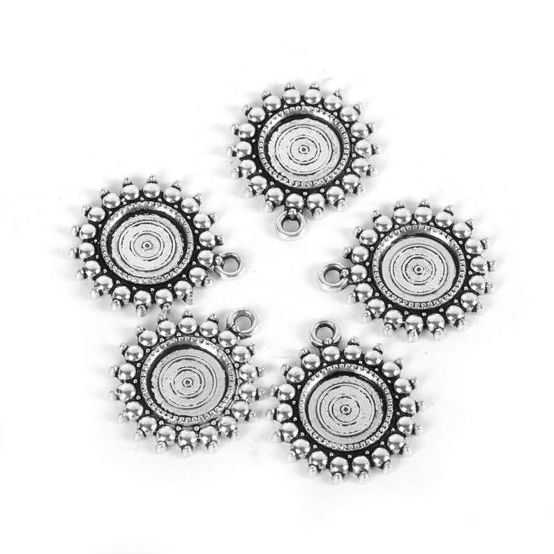 12mm Glue Pad Settings Antique Silver Circle Round Bezel Cabochon Pendant Tags Trays 10 pcs Ball Frame Design