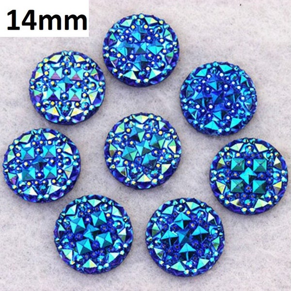 10 pcs Druzy Resin Embellishment Cabochons Blue Multicolor AB - 14mm - Shimmer Style