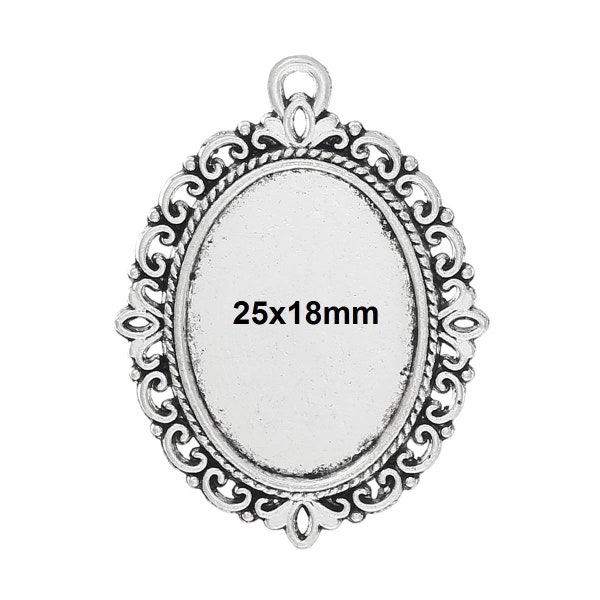 10 pcs. Antique Silver Oval Pendant Picture Photo Frame Bezel Tray Setting Pendants Charms - Fits 25mm x 18mm - 25x18mm - Cabochons / Cameos