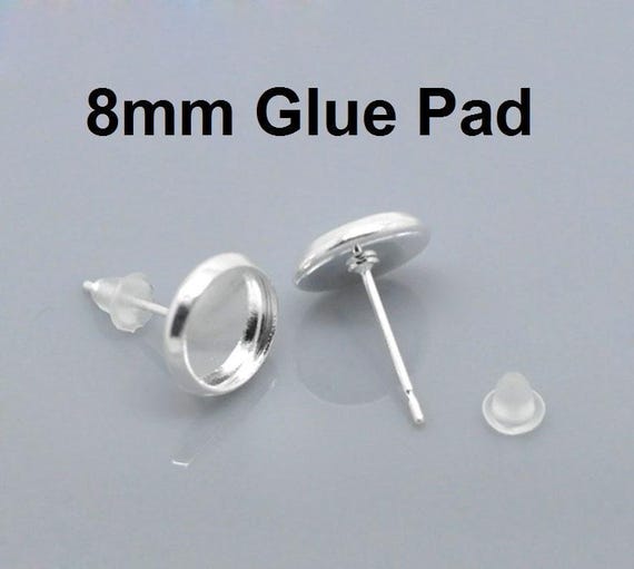 50 pcs. Silver Plated Earring Posts Studs Settings Bezels Cabochons Tacks- 8mm Glue Pad Setting
