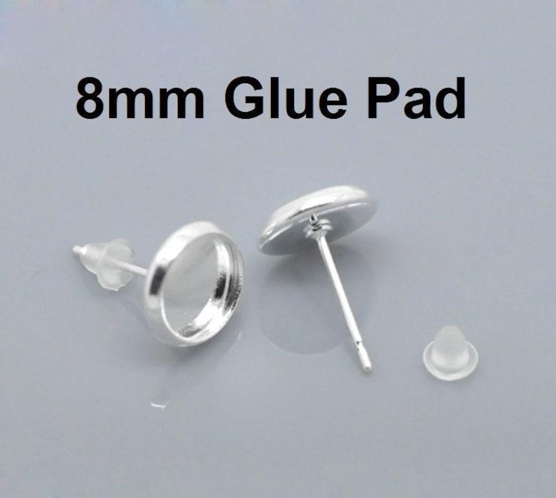 50 pcs. Silver Plated Earring Posts Studs Settings Bezels Cabochons Tacks- 8mm Glue Pad Setting image 1