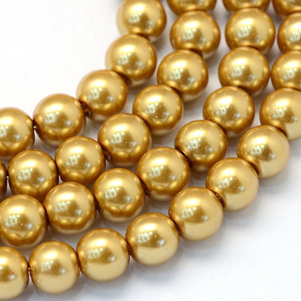 8mm Golden Glass Pearl Imitation Round Beads - 32 inch strand - Approx. 105 pcs per strand - Hole Size: 1mm