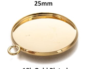 5 bandejas para etiquetas colgantes con bisel redondo de acero inoxidable 304 - Engaste con almohadilla adhesiva de 25 mm - Aro único - Chapado en oro de 18 quilates - Resistente al deslustre