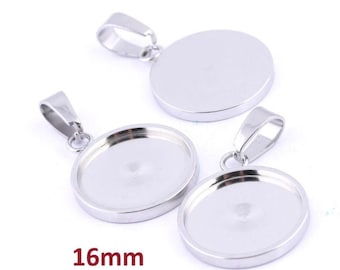 5 pcs. 304 Stainless Steel Silver Tone Pendant Trays Circle Settings Bezels Cabochons - 16mm Glue Pad Setting - With Bail