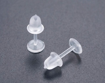50 pcs (25 Pairs) Clear Plastic Earring Posts with Back Stoppers - 12mm x 5mm - 5mm Glue Pad Base